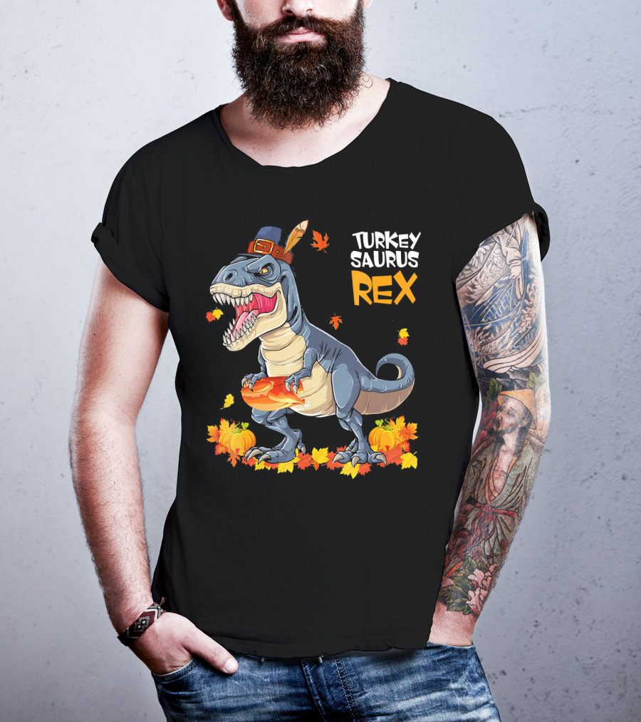 Turkey Saurus Rex Pilgrim Dinosaur Fall Leaves Pumpkins T-Shirt