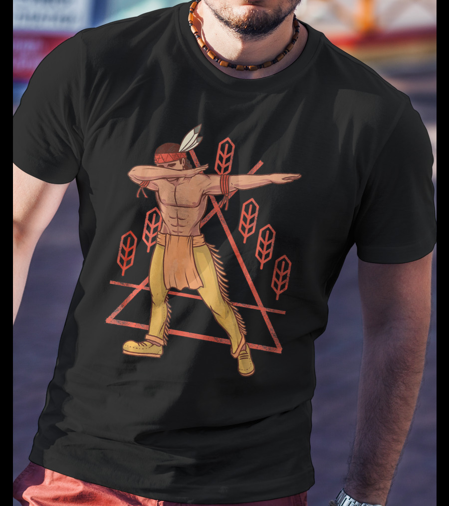 Thanksgiving Dabbing Native American Geometric Feather Motif T-Shirt