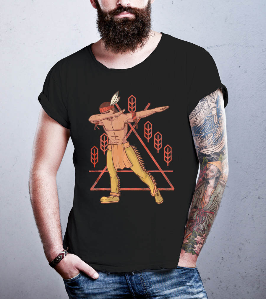 Thanksgiving Dabbing Native American Geometric Feather Motif T-Shirt