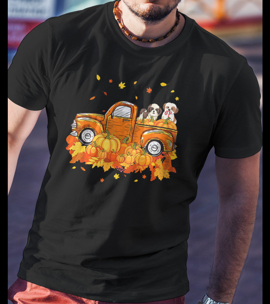 Shih Tzu Puppies In Pumpkin Truck With Autumn Leaves For Halloween T-Shirt