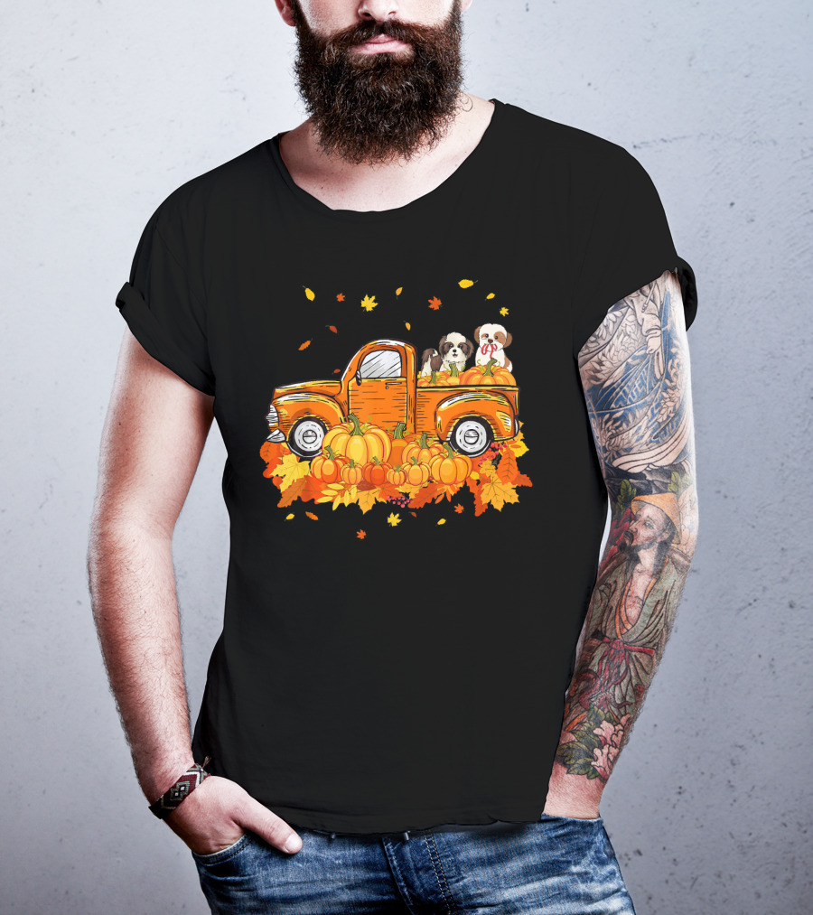 Shih Tzu Puppies In Pumpkin Truck With Autumn Leaves For Halloween T-Shirt