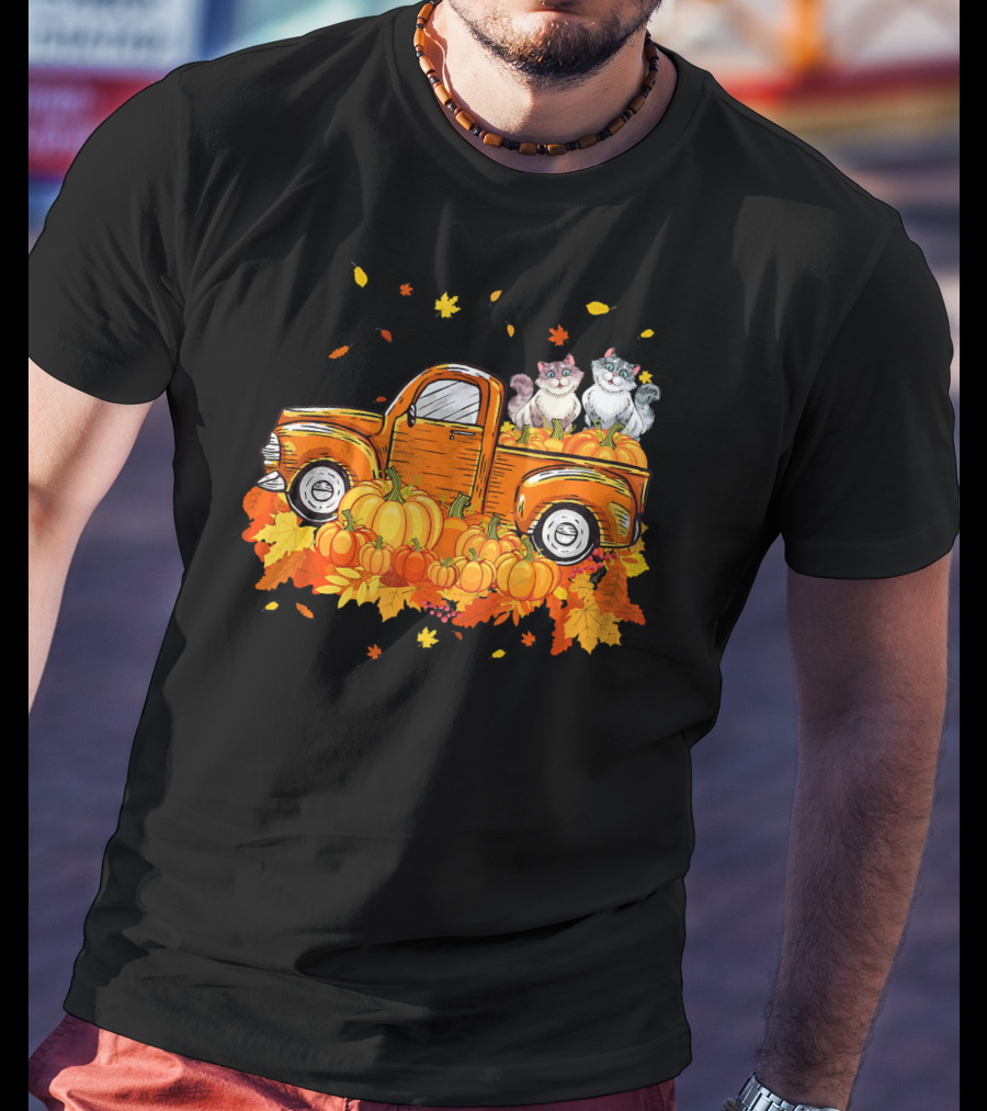 Cat Pumpkin Autumn Truck With Cats And Pumpkins T-Shirt