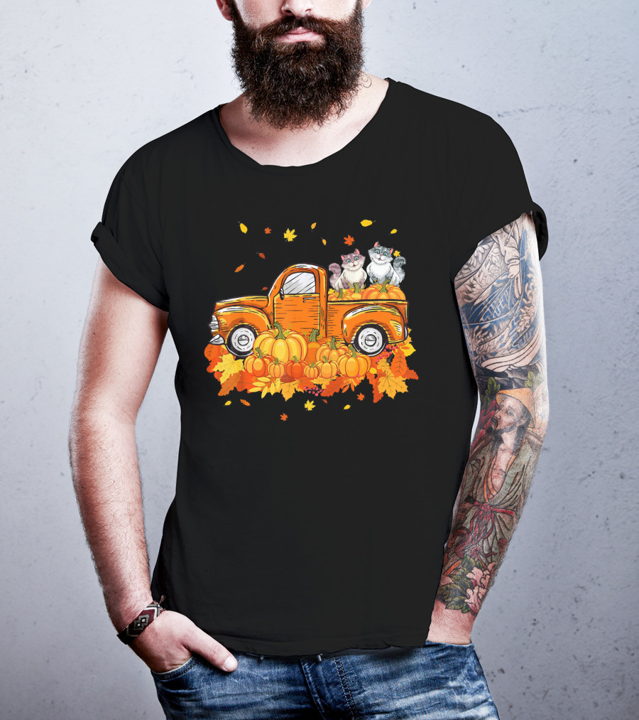 Cat Pumpkin Autumn Truck With Cats And Pumpkins T-Shirt