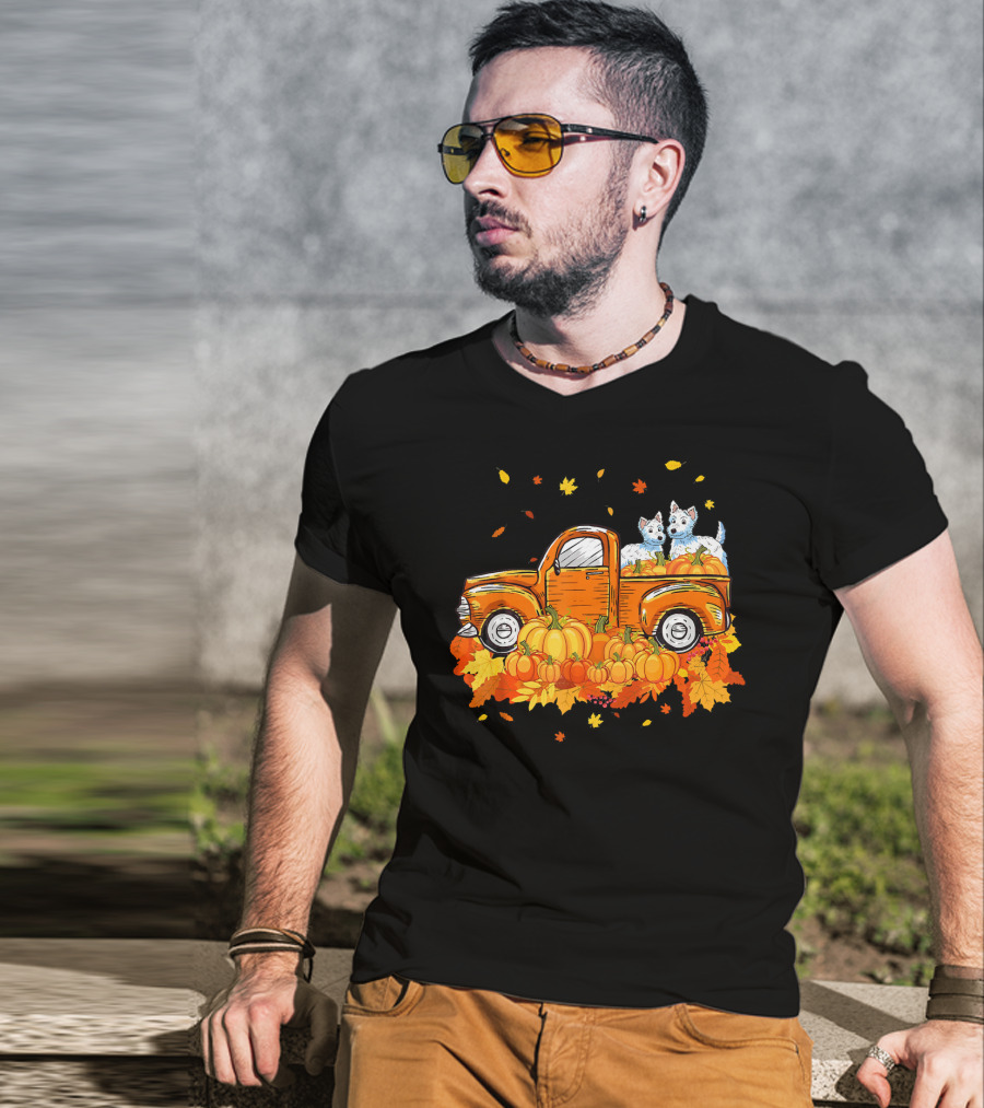 Westie Dogs In Pumpkin Truck With Fall Leaves Halloween T-Shirt