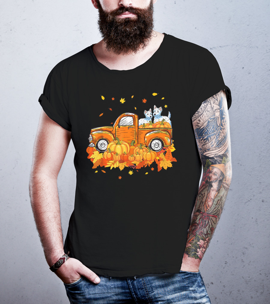 Westie Dogs In Pumpkin Truck With Fall Leaves Halloween T-Shirt