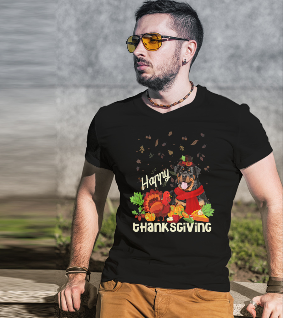 Happy Thanksgiving Pilgrim Rottweiler Turkey Feast With Autumn Leaves And Fruit T-Shirt