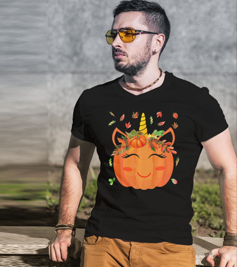 Cute Unicorn Pumpkin With Autumn Leaves And Horn T-Shirt