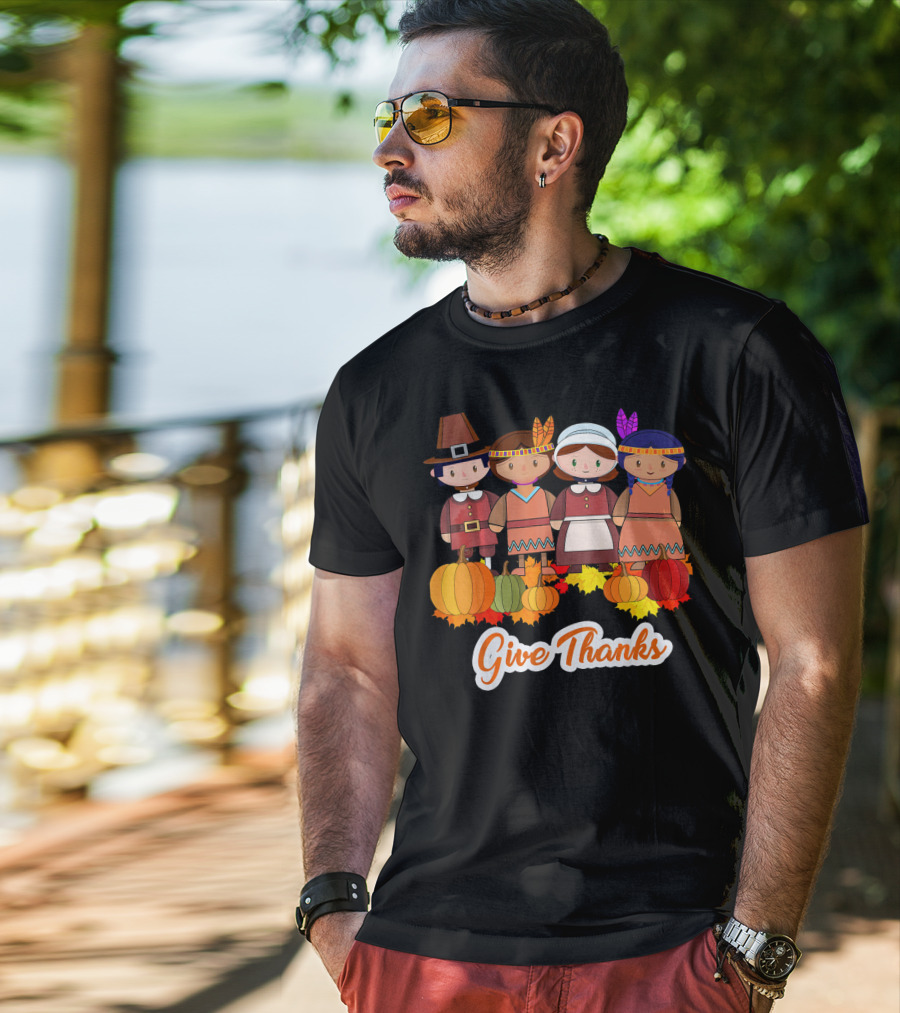 Give Thanks Thanksgiving Pilgrim And Native American With Pumpkins T-Shirt