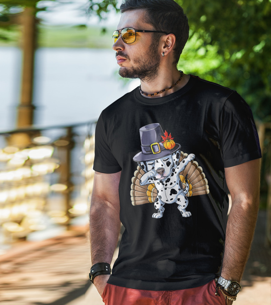 Thanksgiving Dabbing Dalmatian Pilgrim Hat Turkey Tail T-Shirt