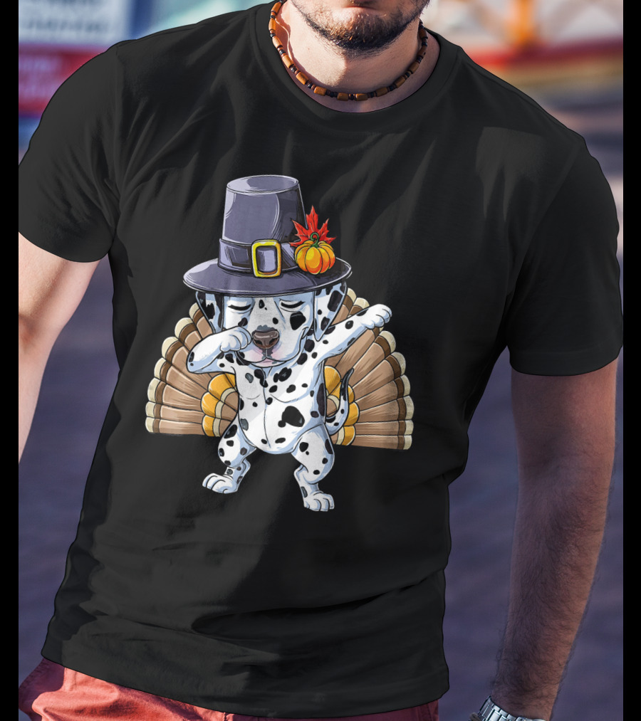 Thanksgiving Dabbing Dalmatian Pilgrim Hat Turkey Tail T-Shirt