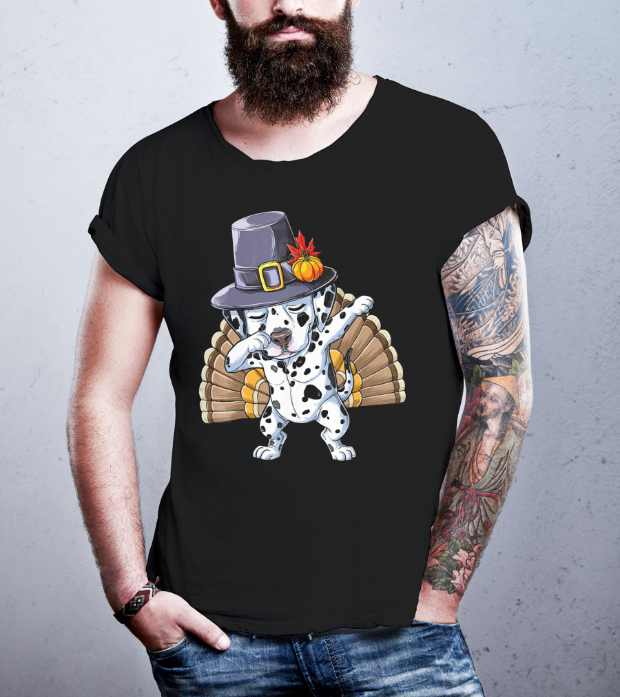 Thanksgiving Dabbing Dalmatian Pilgrim Hat Turkey Tail T-Shirt