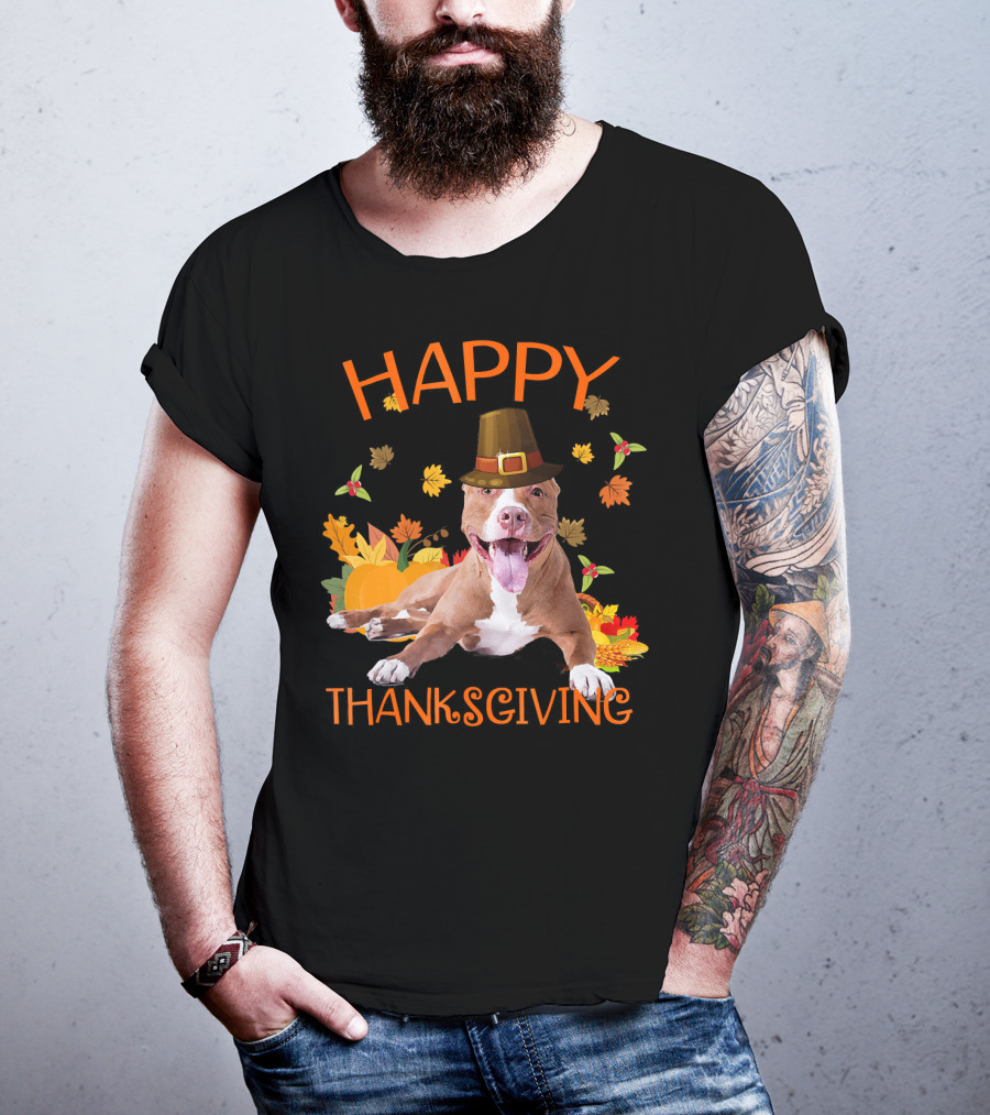 Happy Thanksgiving Pit Bull Turkey Funny Dogs T-Shirt
