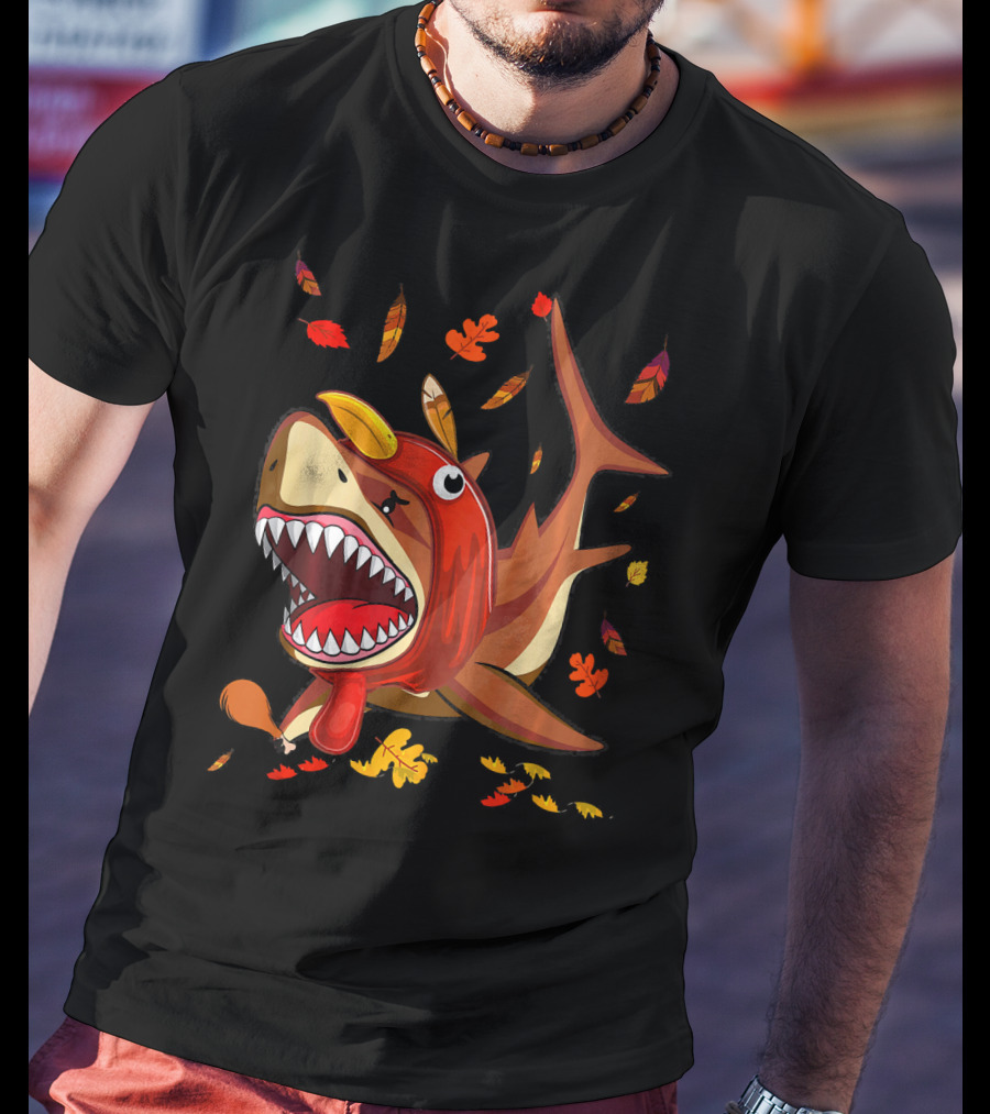 Thanksgiving Shark Doo Doo Doo Turkey Costume With Fall Leaves T-Shirt