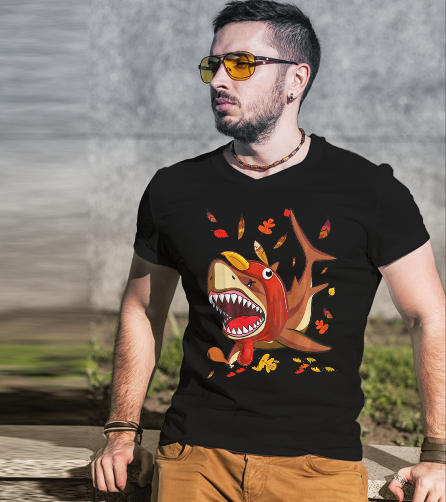 Thanksgiving Shark Doo Doo Doo Turkey Costume With Fall Leaves T-Shirt