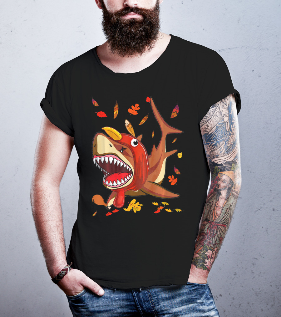 Thanksgiving Shark Doo Doo Doo Turkey Costume With Fall Leaves T-Shirt