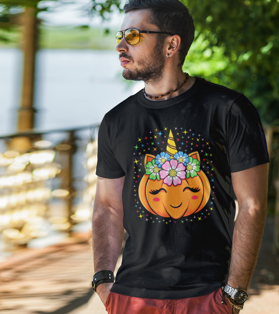 Unicorn Pumpkin Halloween Cute Floral Stars T-Shirt
