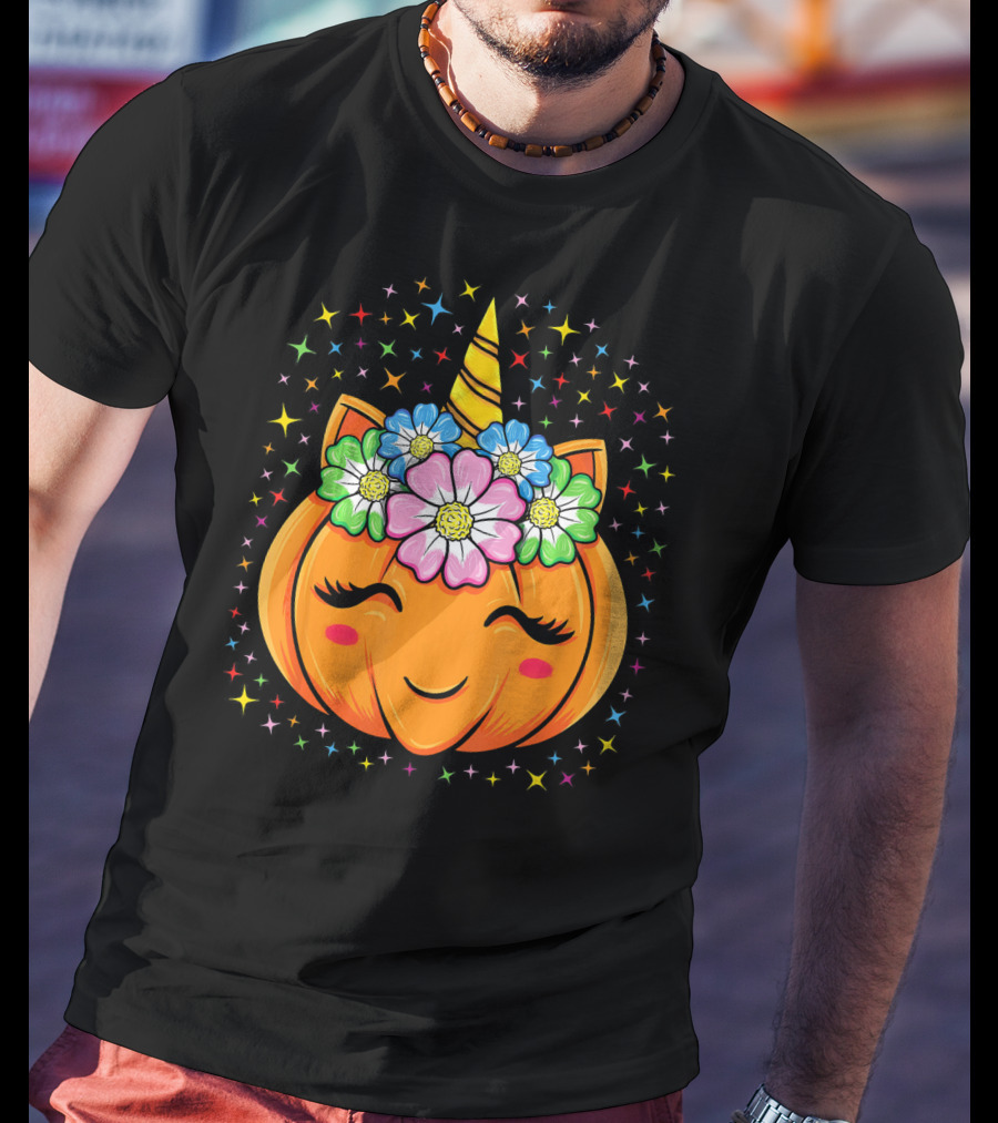 Unicorn Pumpkin Halloween Cute Floral Stars T-Shirt