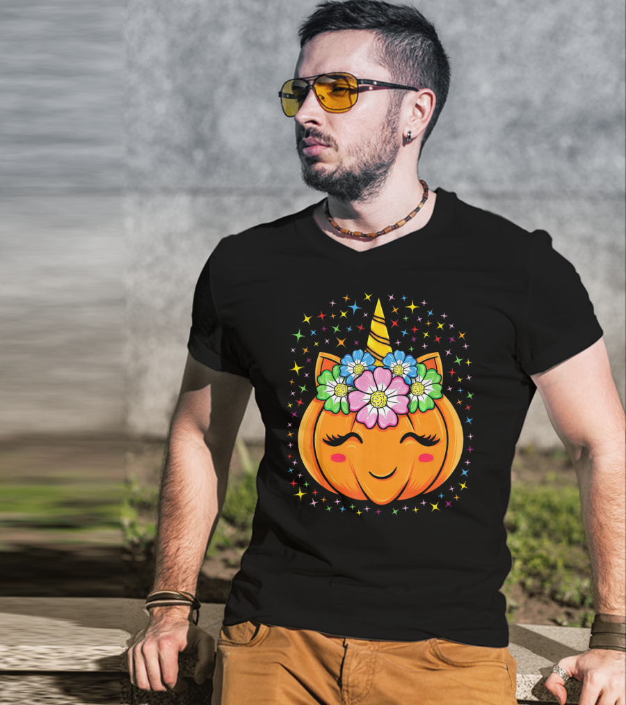 Unicorn Pumpkin Halloween Cute Floral Stars T-Shirt