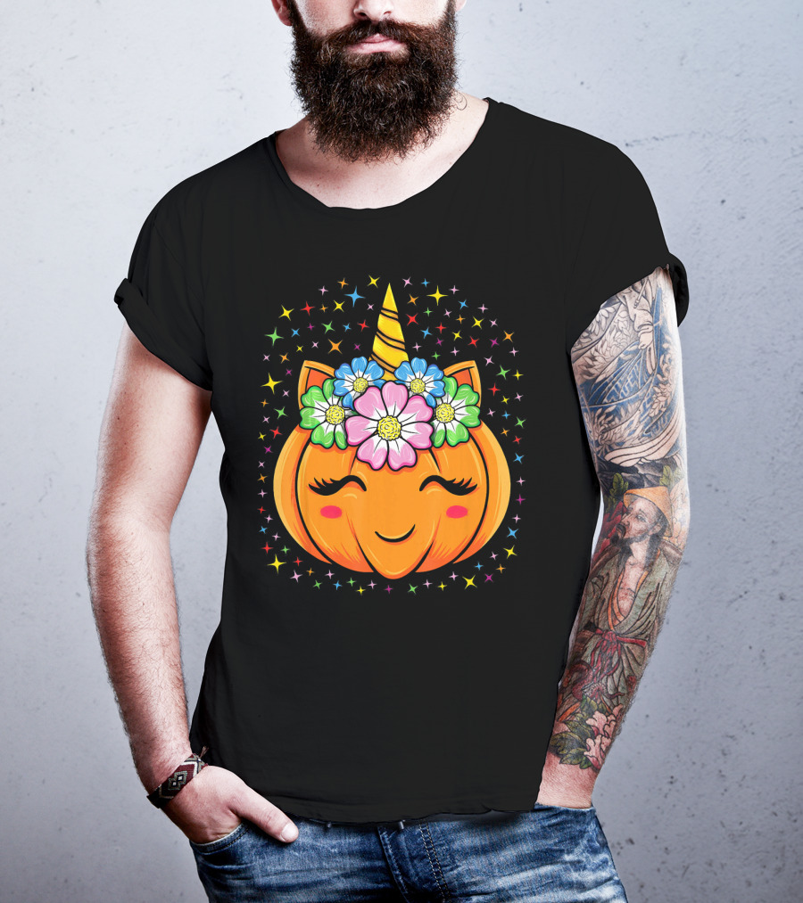 Unicorn Pumpkin Halloween Cute Floral Stars T-Shirt