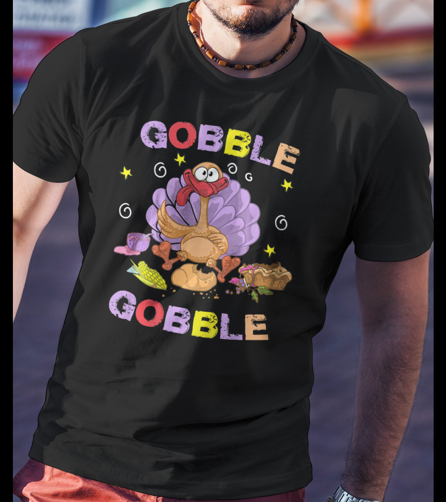Gobble Gobble Funny Turkey Cartoon Corn Bread Pie Stars Thanksgiving T-Shirt