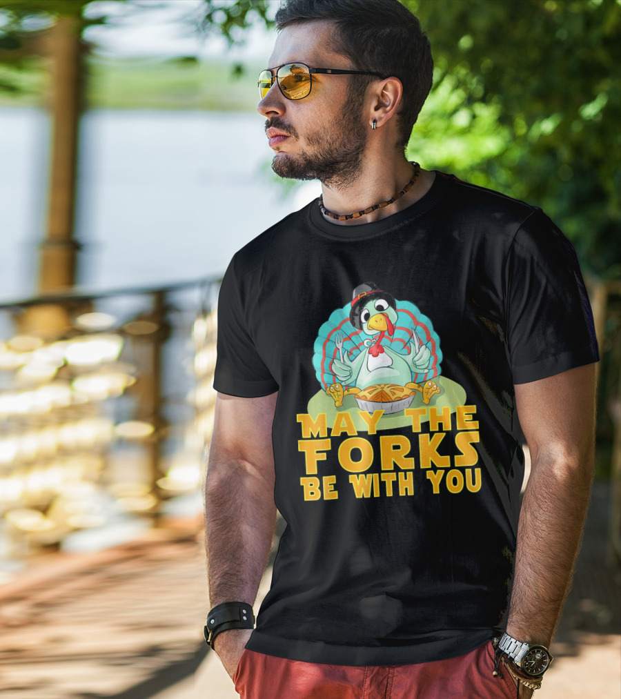 Cute Thanksgiving Turkey May The Forks Be With You Holiday T-Shirt
