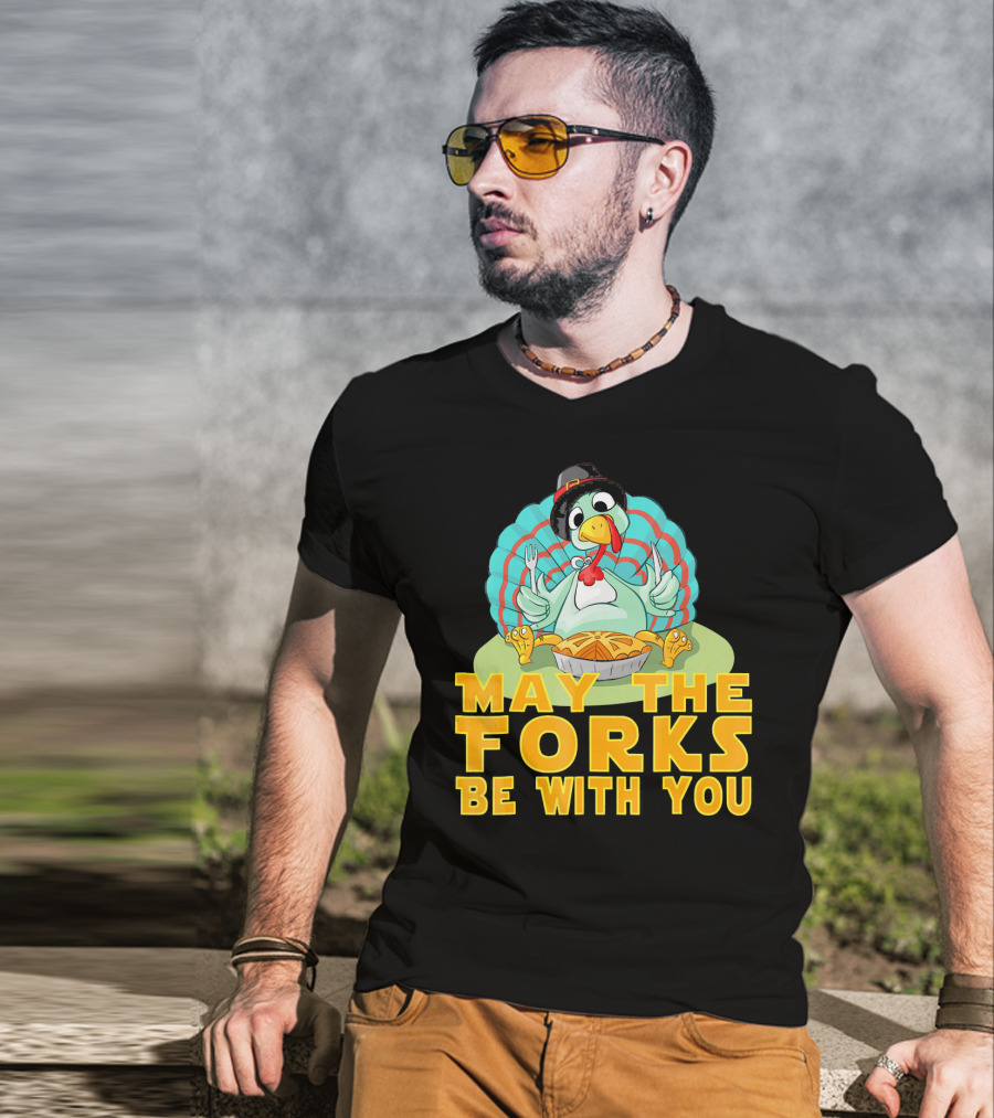 Cute Thanksgiving Turkey May The Forks Be With You Holiday T-Shirt