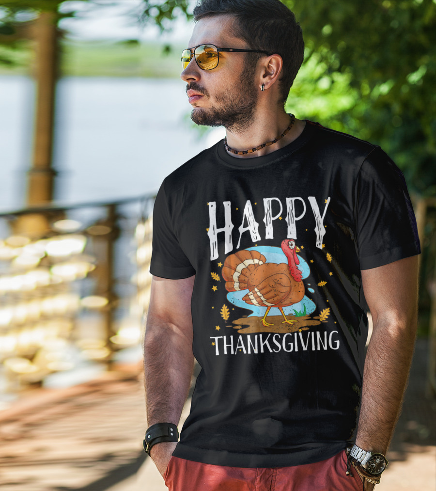 Happy Thanksgiving Funny Turkey Comic Style Leaves Stars T-Shirt