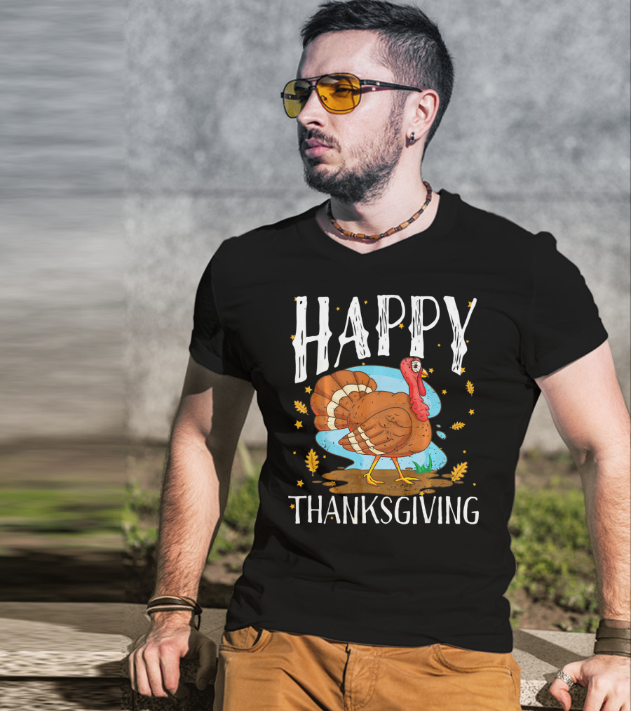Happy Thanksgiving Funny Turkey Comic Style Leaves Stars T-Shirt