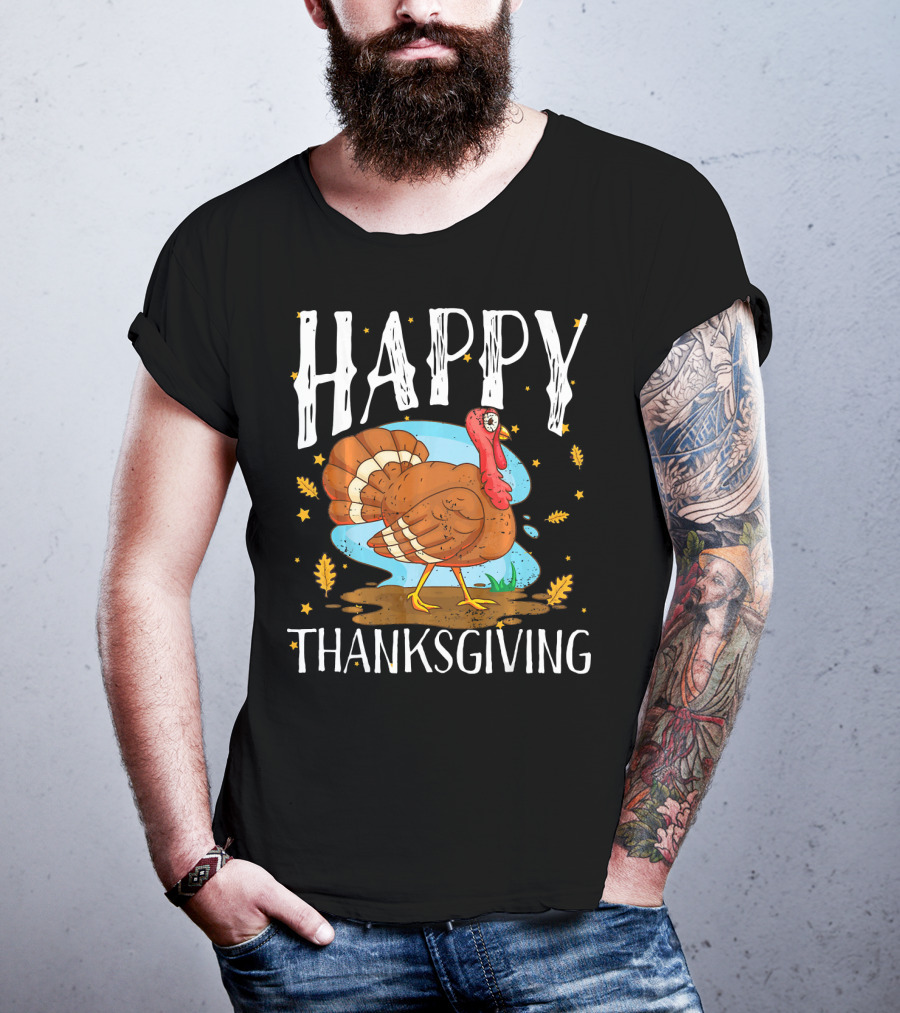 Happy Thanksgiving Funny Turkey Comic Style Leaves Stars T-Shirt