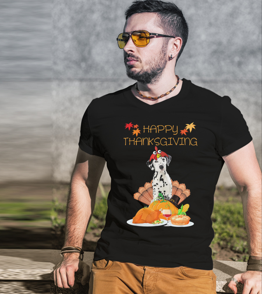Happy Thanksgiving Dalmatian With Turkey Pumpkin Pie And Fall Leaves T-Shirt