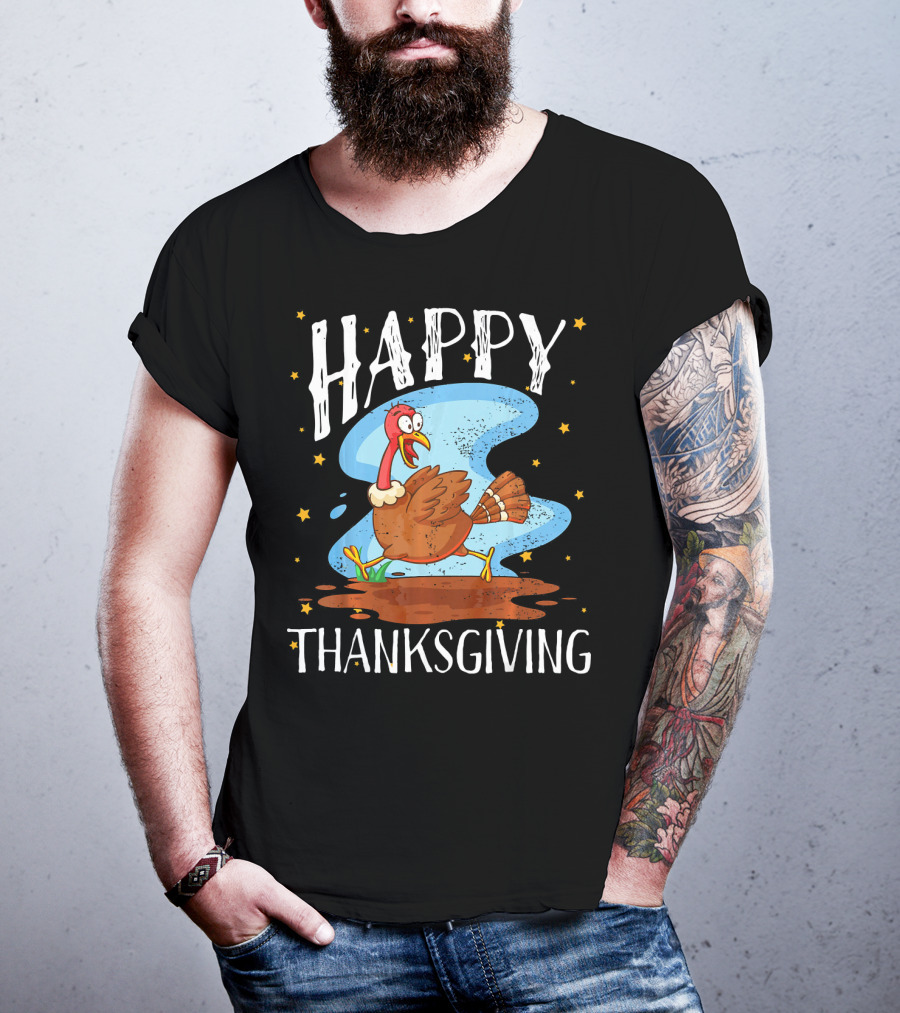 Happy Thanksgiving Running Turkey Cartoon T-Shirt