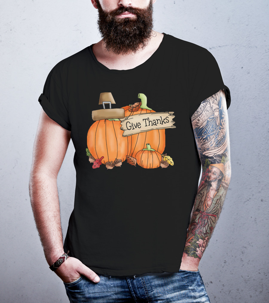 Give Thanks Pumpkin Pilgrim Hat Leaves Acorns T-Shirt