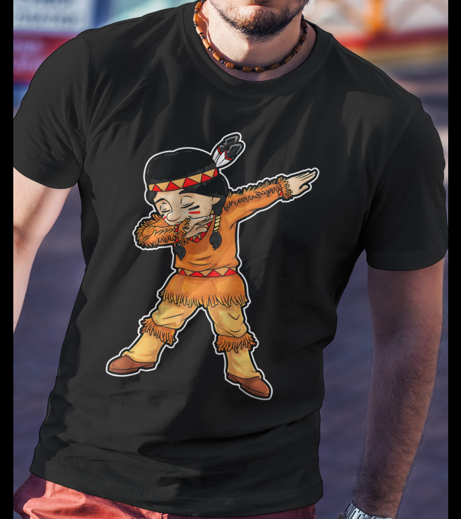 Dabbing Native American Pilgrim In Traditional Attire T-Shirt