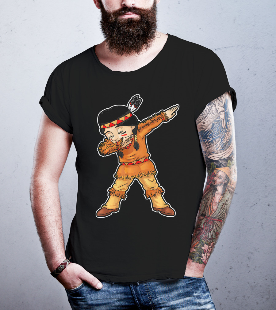 Dabbing Native American Pilgrim In Traditional Attire T-Shirt
