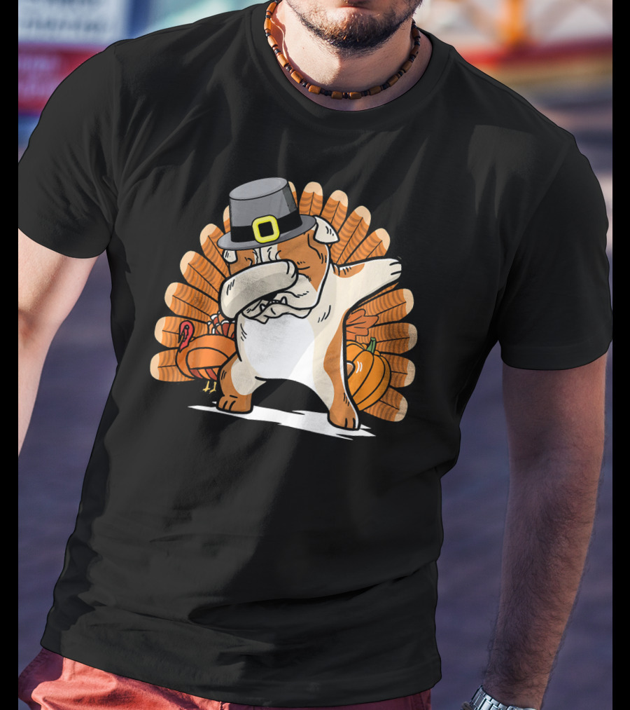 Funny Dabbing English Bulldog Thanksgiving Pilgrim Turkey Pumpkin T-Shirt