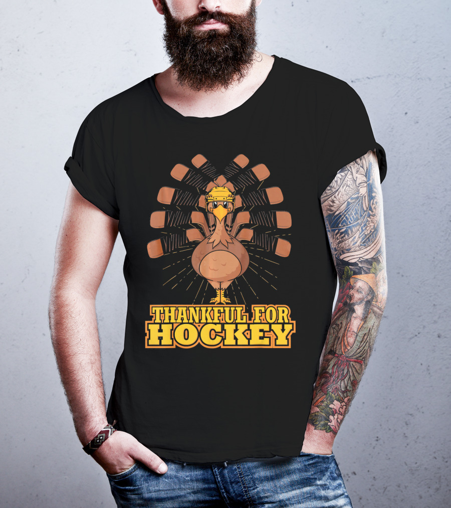 Thankful For Hockey Turkey Wearing Helmet With Hockey Sticks T-Shirt