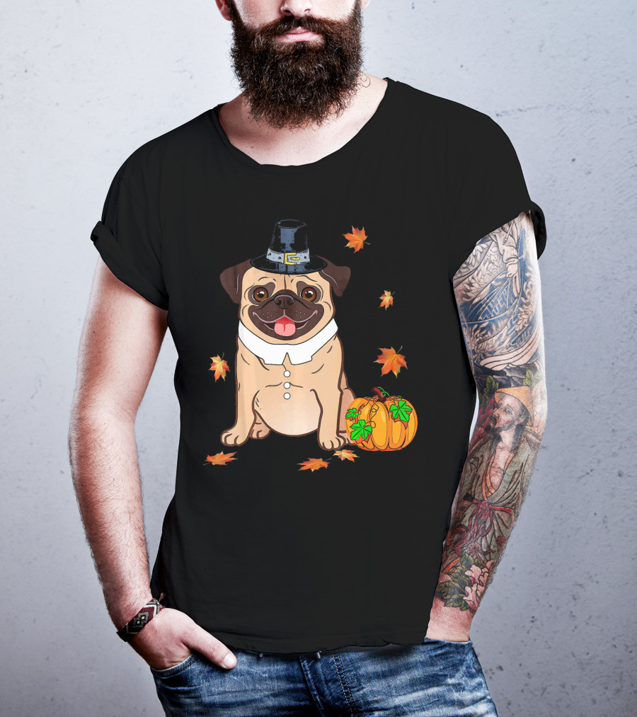 Thanksgiving Pug Pilgrim Hat Pumpkin Leaves T-Shirt