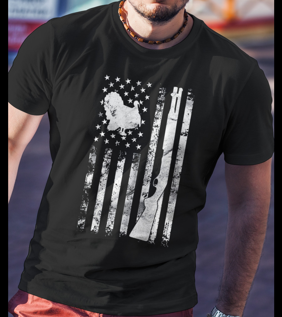 Turkey Hunting American Flag With Rifle And Stars T-Shirt
