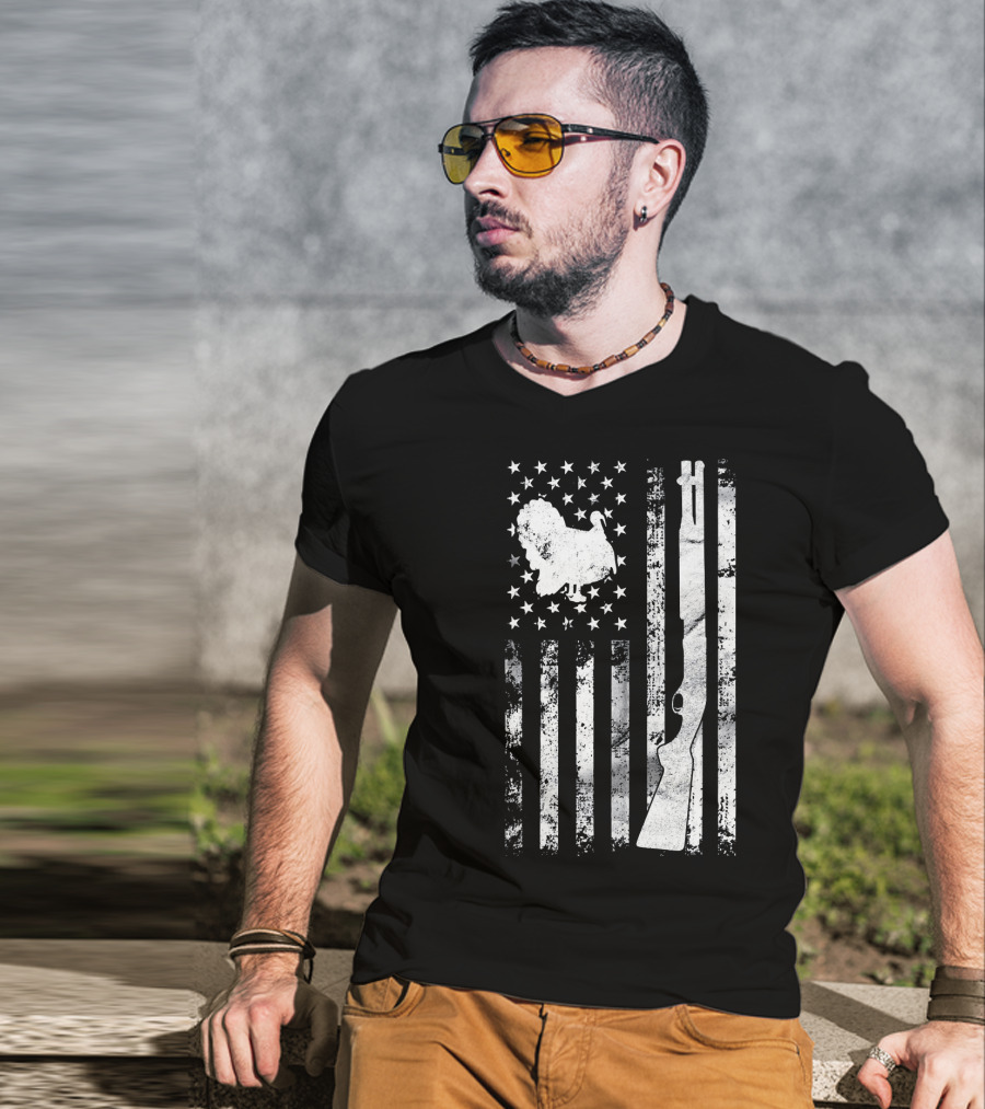 Turkey Hunting American Flag With Rifle And Stars T-Shirt