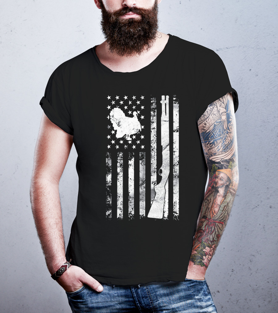 Turkey Hunting American Flag With Rifle And Stars T-Shirt