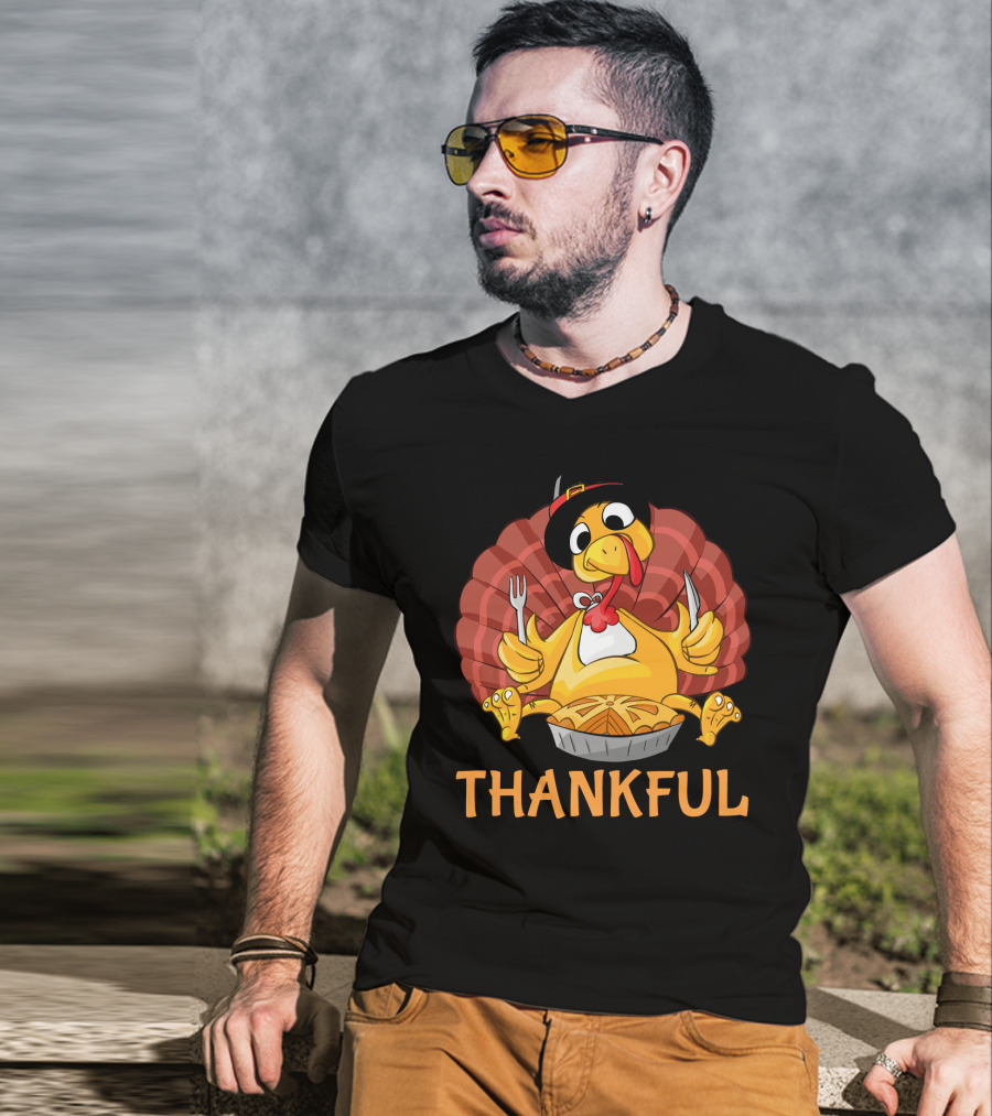 Thankful Turkey With Pie And Pilgrim Hat T-Shirt