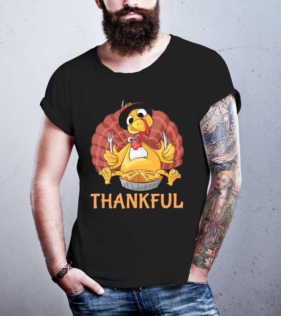 Thankful Turkey With Pie And Pilgrim Hat T-Shirt