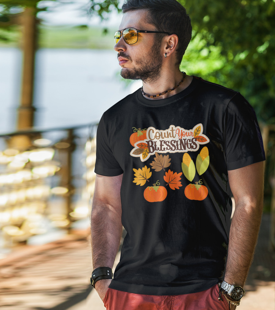 Count Your Blessings Harvest Fall Thanks Autumn Leaves Pumpkins Corn T-Shirt