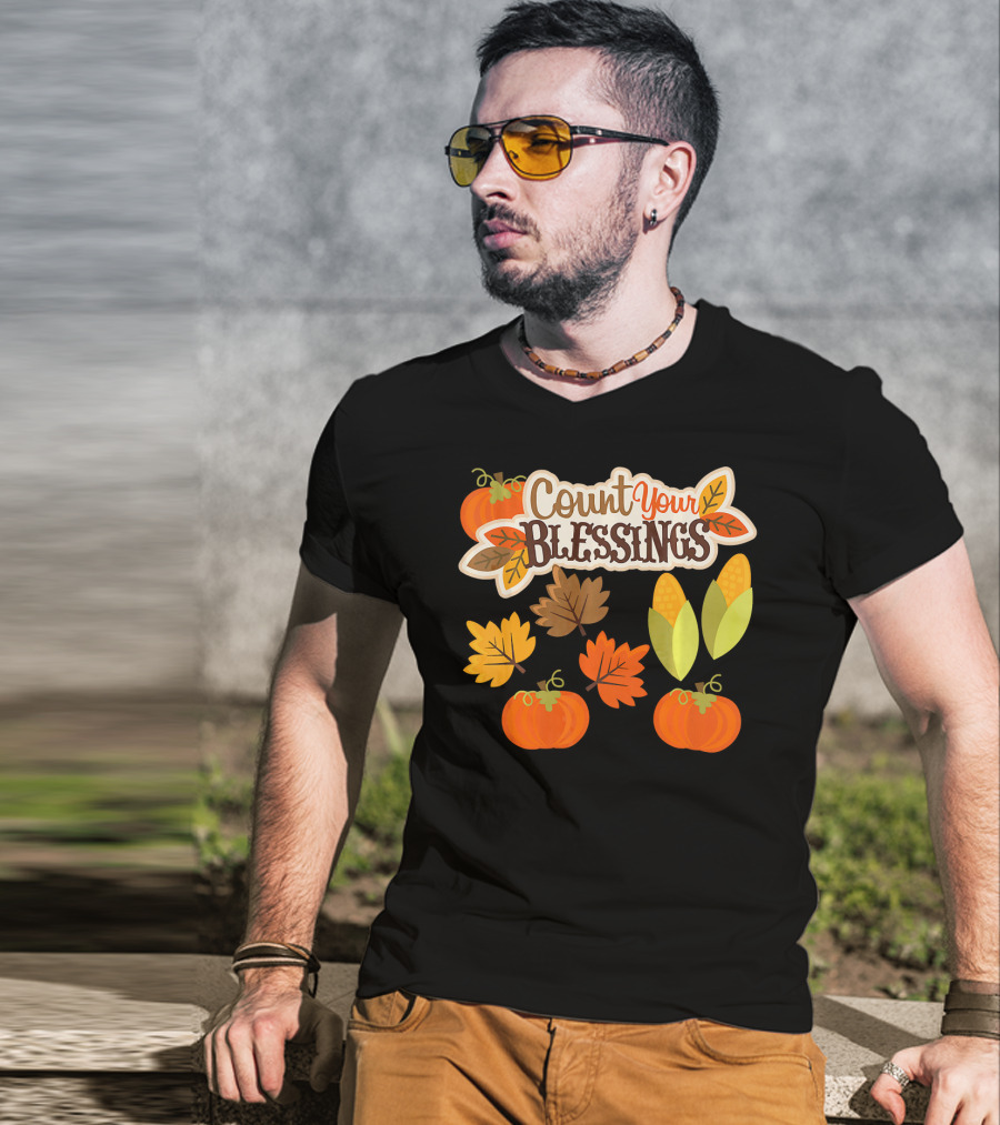 Count Your Blessings Harvest Fall Thanks Autumn Leaves Pumpkins Corn T-Shirt