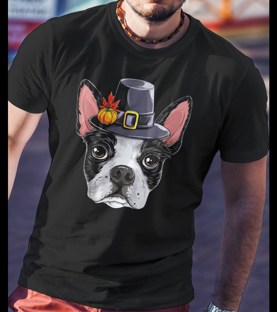 Thanksgiving Bo Boston Terrier In Pilgrim Hat With Pumpkin And Leaves T-Shirt