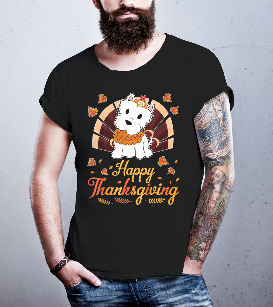 Happy Thanksgiving Turkey Westie Dog Autumn Leaves T-Shirt