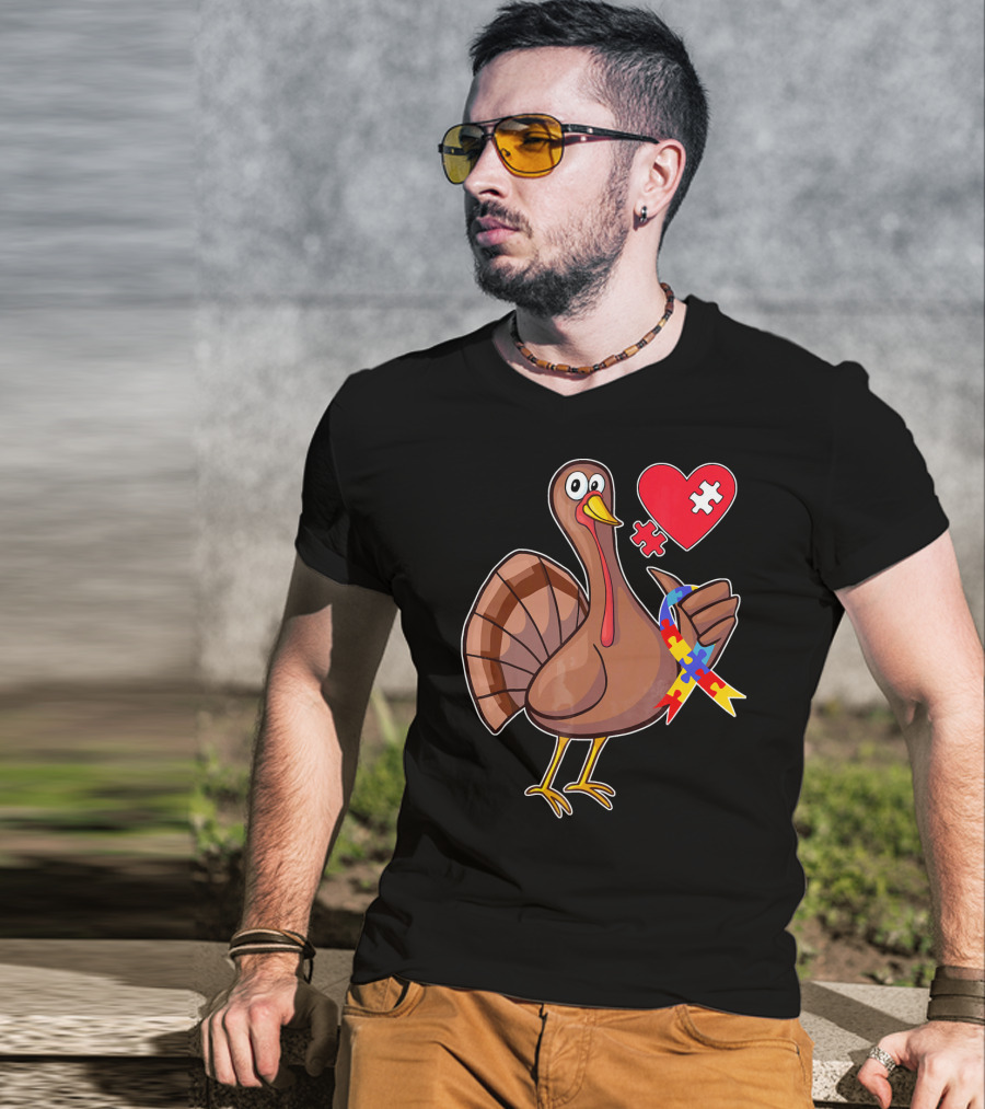 Funny Autism Awareness Turkey Heart Puzzle T-Shirt