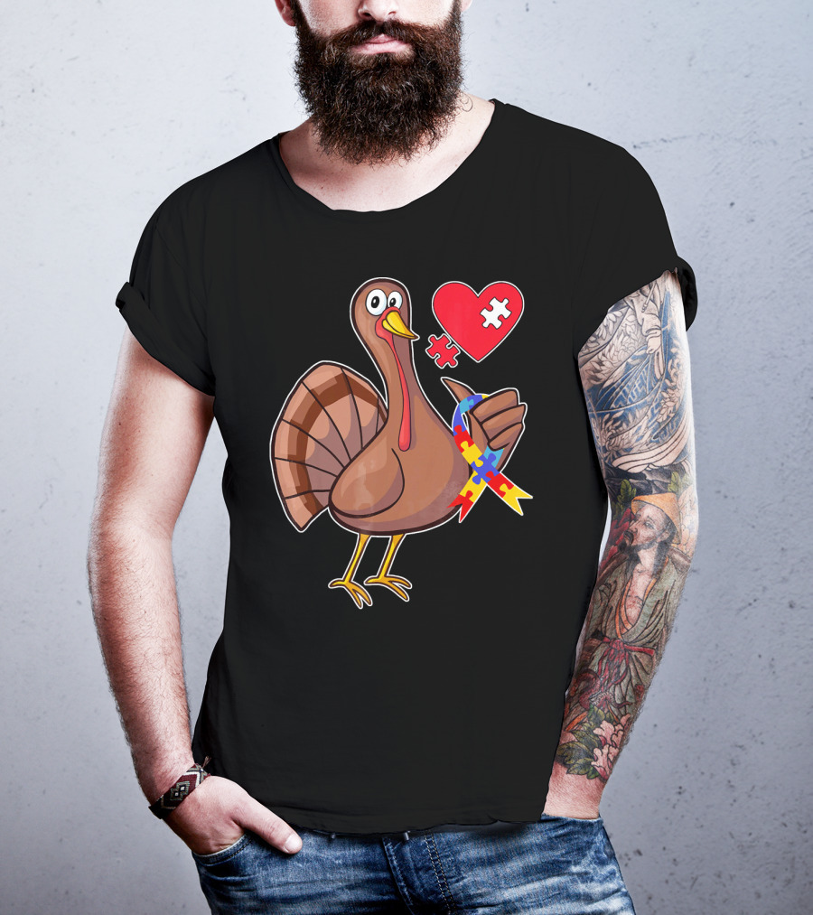 Funny Autism Awareness Turkey Heart Puzzle T-Shirt