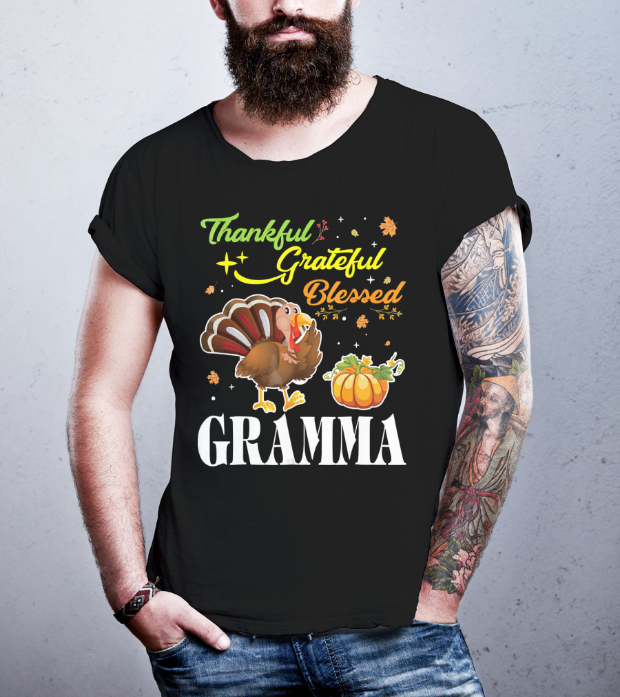 Thankful Grateful Blessed Gramma Turkey Pumpkin Thanksgiving Fall Leaves T-Shirt