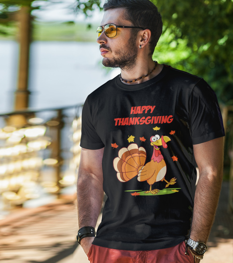 Happy Thanksgiving Funny Turkey Festive Cartoon With Falling Leaves T-Shirt